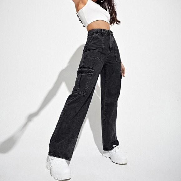 . Denim - Black Casual Womens High Waist Flap Pocket Side Cargo Jeans